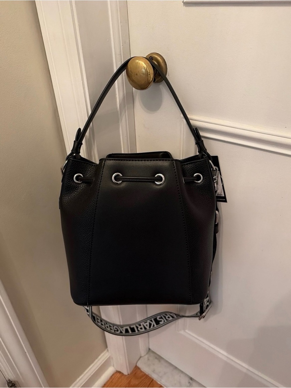 Karl Lagerfeld Black Leather Bucket Bag with Logo Charms - Picture 5 of 9